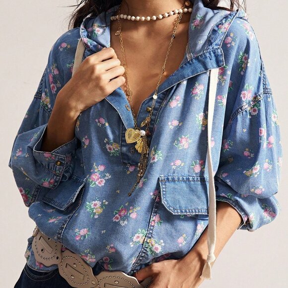 Blue Boho Women's Floral Shirt - Picture 1 of 8